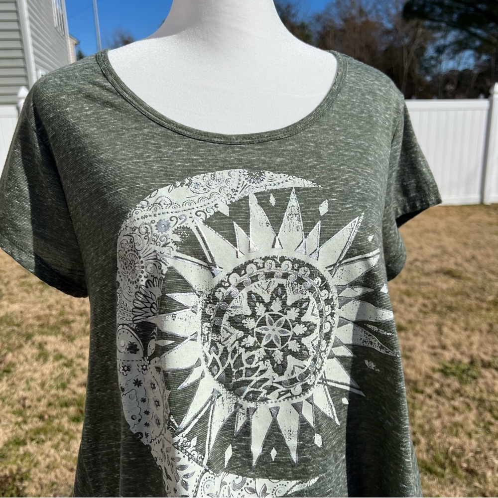 Style & Co. Heather Green Sun and Moon Graphic Swing Tee Sz Petite Large